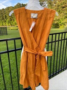 Anthropologie Gold Linen Sleeveless Belted Shorts Romper with Pockets